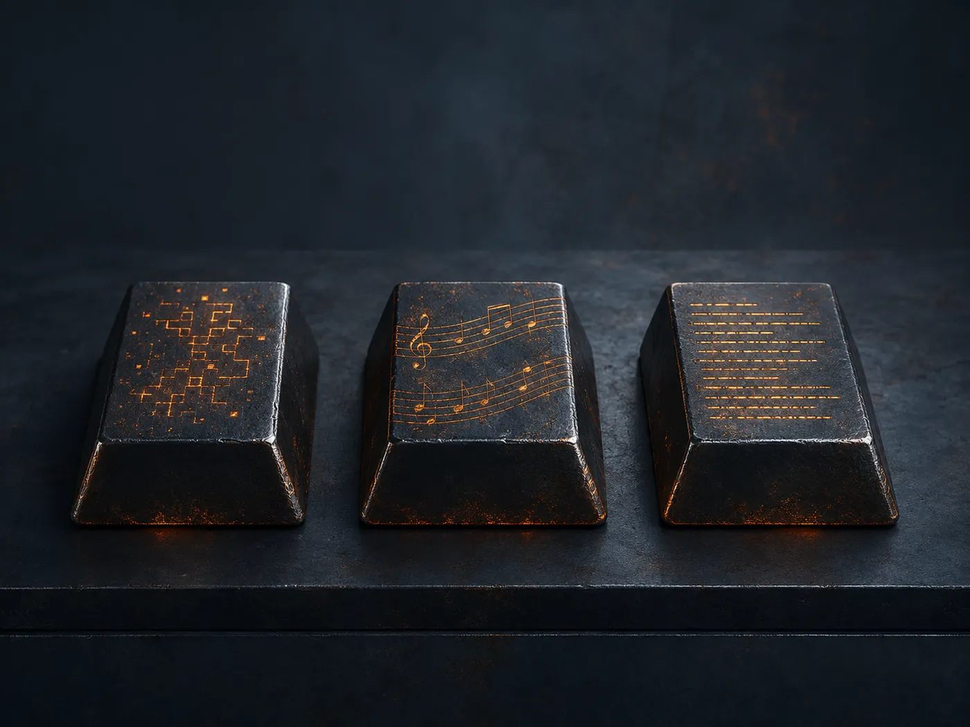 Three forged ingots engraved with pixel, musical, and text patterns